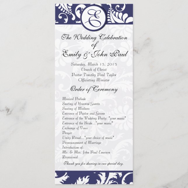 Programa Marinho Damask Swirls Wedding Program (Frente)