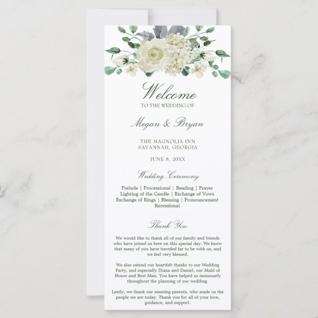 Programa Megan White Floral Greenery Wedding (Frente)