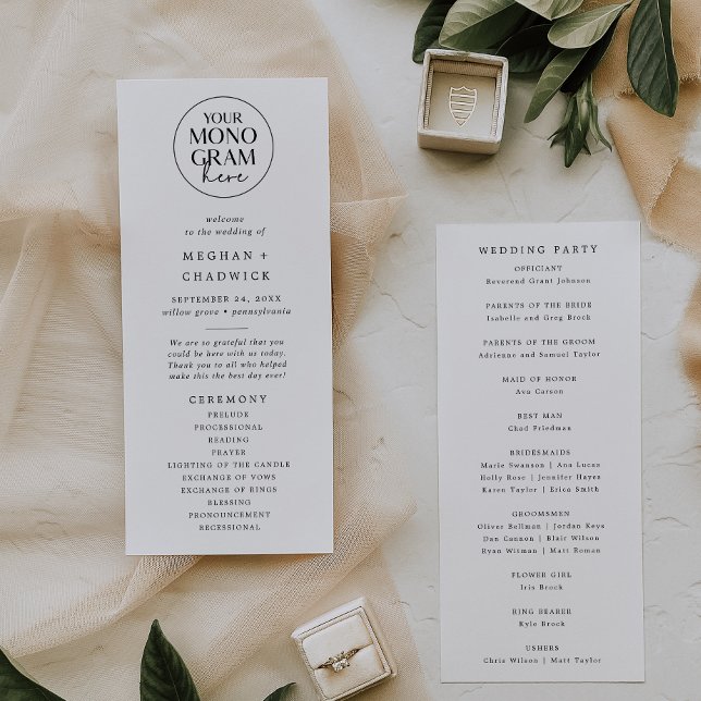 Programa MEGHAN Monograma Branco Simples Casamento Moderno  (MEGHAN Monogram Black White Simple Modern Wedding Program)