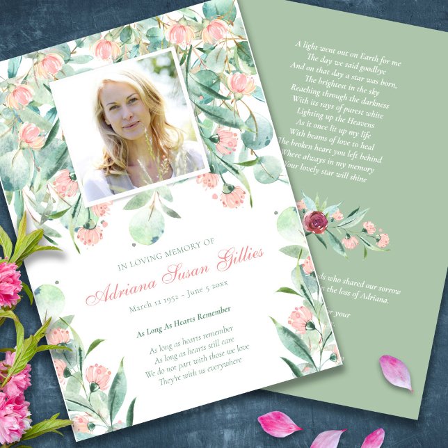 Programa Memorial Eucalyptus Funeral Cartões de ag (Eucalyptus Floral Sympathy Bereavement Memorial Funeral Thank You Card, Funeral Program)