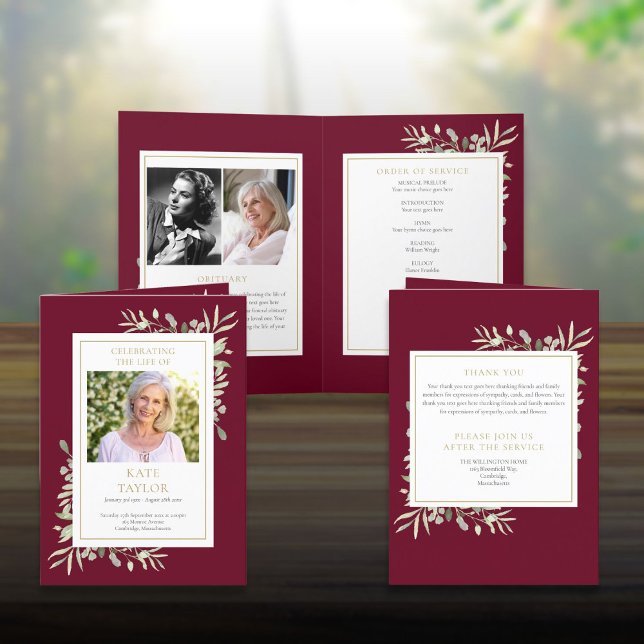 Programa Memorial Funeral Greenery Dornou Ordem De Serviço (Greenery Funeral Memorial Folded Order Of Service Program)