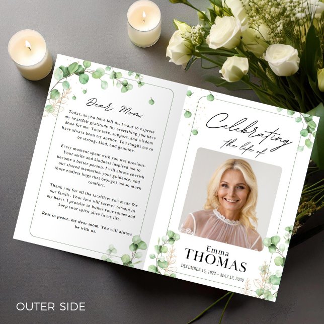 Programa Memorial,Ordem de Serviço Verde, Funeral Foto (Funeral Program,Funeral Memorial,Green Order of Service,Foto  Celebration of Life for Woman)