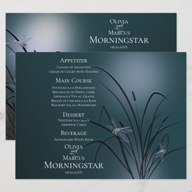 Programa Menu Casamento | Dragonfly Teal Dusty (Frente/Verso)