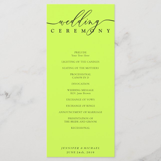Programa Minimal Cyber Lime Jet Black Wedding Ceremony (Frente)