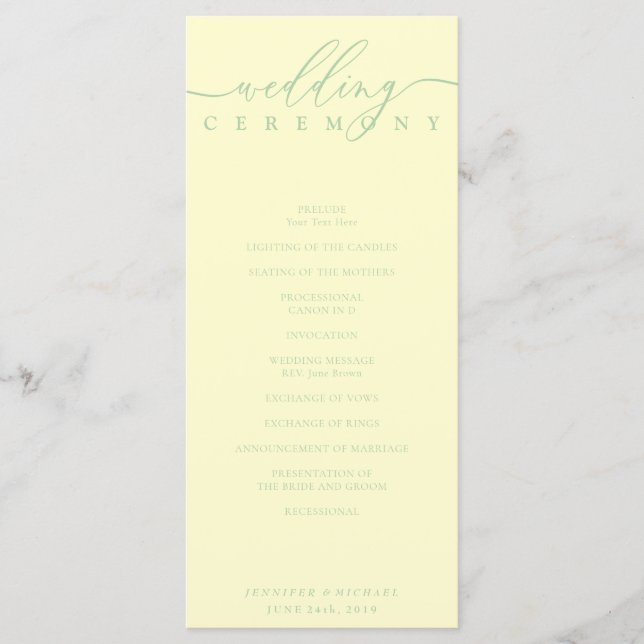 Programa Minimal Pistachio & Cream Script Wedding Ceremony (Frente)