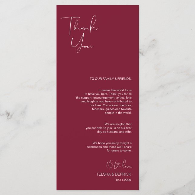 Programa Minimalismo Burgundy Script Colocação Obrigado (Frente)