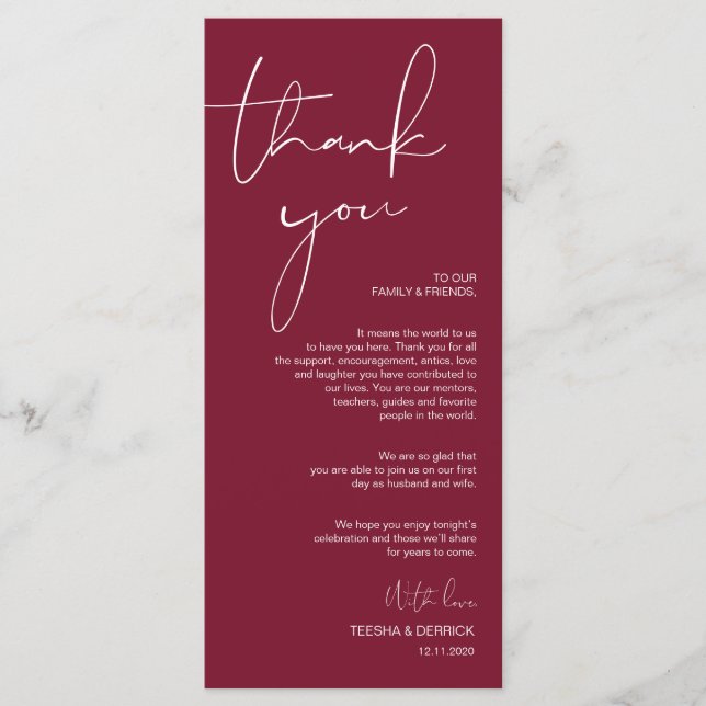 Programa Minimalismo Burgundy Script Colocação Obrigado (Frente)