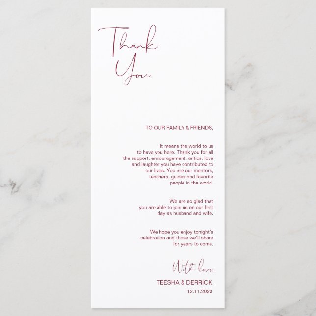 Programa Minimalismo Burgundy Script Colocação Obrigado (Frente)