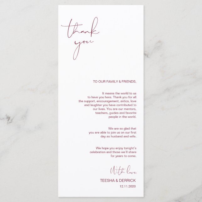 Programa Minimalismo Burgundy Script Colocação Obrigado (Frente)