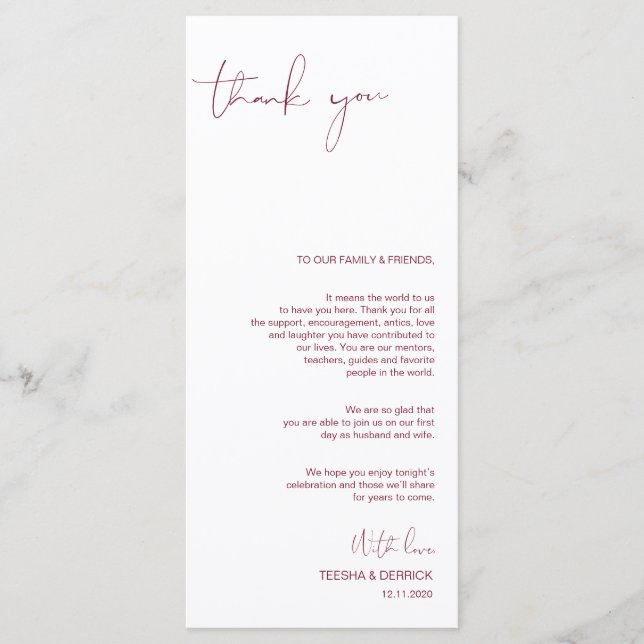 Programa Minimalismo Burgundy Script Colocação Obrigado (Frente)