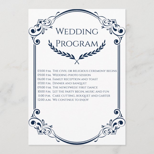 Programa Minimalist Navy Blue and White Wedding Program (Frente)