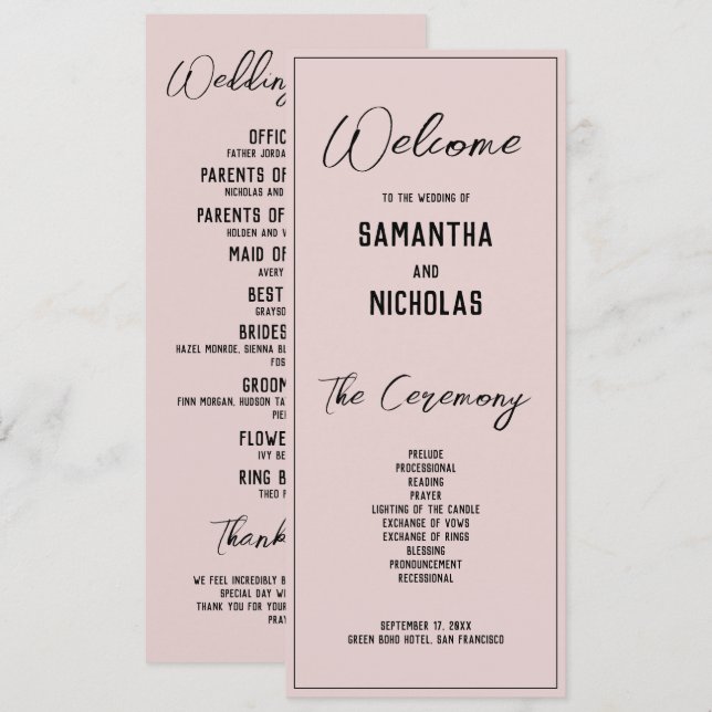 Programa Minimalista de Casamento Rosa Dusty (Frente/Verso)