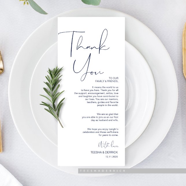 Programa Mínimo - Local do Script de Marinho - Obrigado (Minimalism Navy Blue Script Place Setting Thank You Card, for Wedding Elopement Dinner Plate Decor.)
