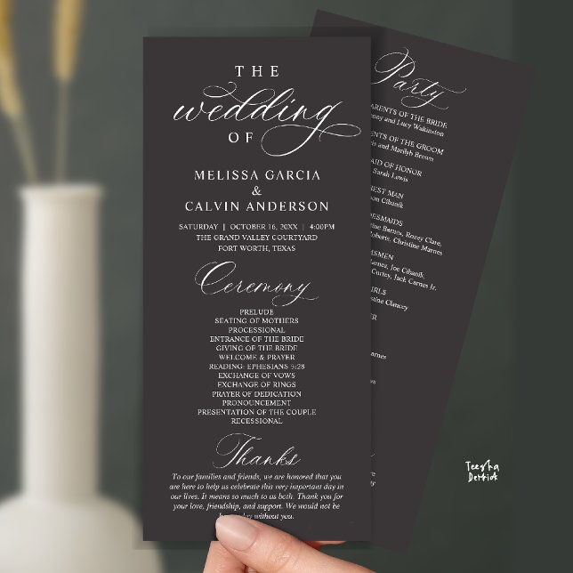 Programa Modern Classy Elegant Wedding Ceremony (Modern Classy Elegant Wedding Ceremony Program card charcoal grey)