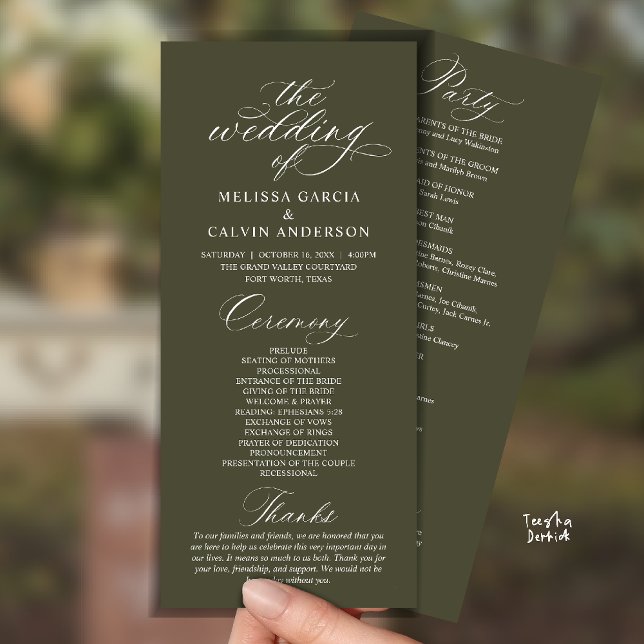 Programa Modern Classy Elegant Wedding Ceremony (Modern Classy Elegant Romantic Wedding Ceremony Program Card in Olive Green)