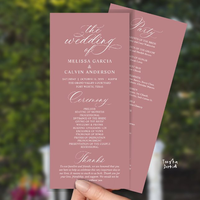 Programa Modern Classy Elegant Wedding Ceremony (Modern Classy Elegant Romantic Wedding Ceremony Program Card in rose pink dusty)