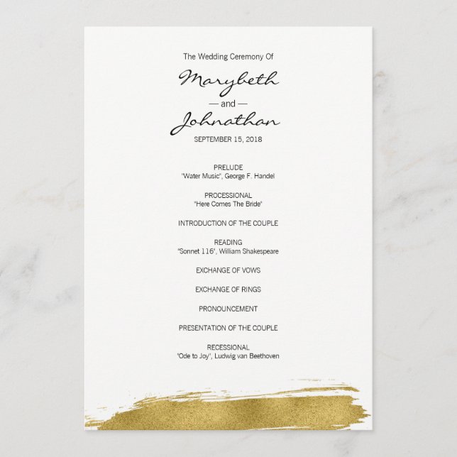 Programa Modern Faux Dourado de Casamento de Brush (Frente)