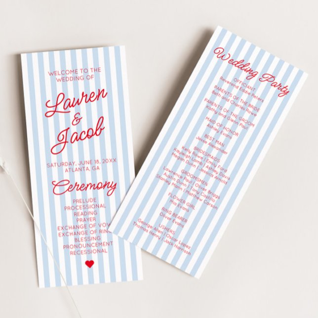 Programa Modern Minimal Minimalist Blue Stripes Red Wedding (Criador carregado)