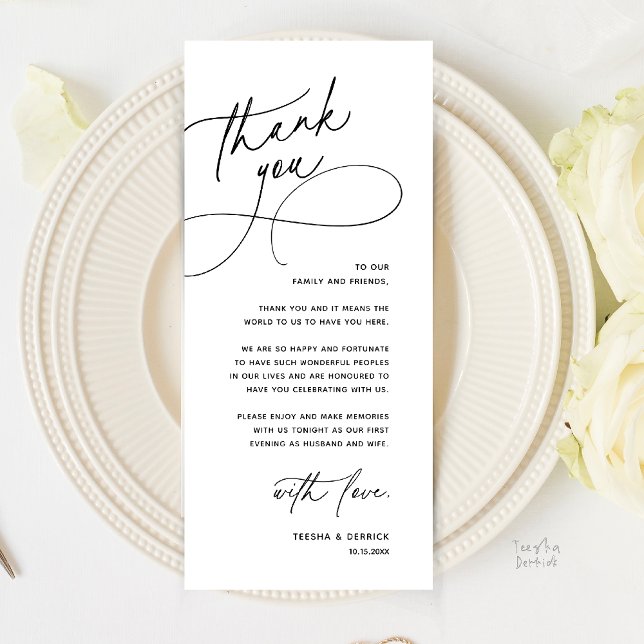 Programa Modern Romantic Wedding Reception Thank You Card (Modern Romantic Wedding Reception Dinner Lunch Brunch Thank You Card in Black and White)