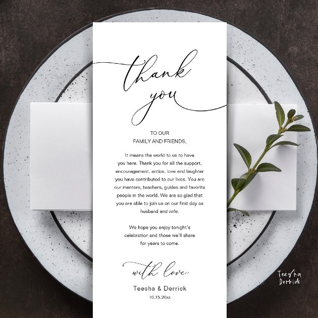 Programa Modern Romantic Wedding Reception Thank You Card (Modern Romantic Wedding Reception Thank You Card, plate decoration, in Black and White)