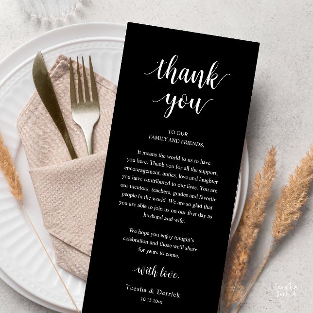 Programa Modern Rustic Wedding Dinner Thank You Card (Modern Rustic Wedding Dinner Thank You Card Reception Lunch Brunch Reception in Black White)