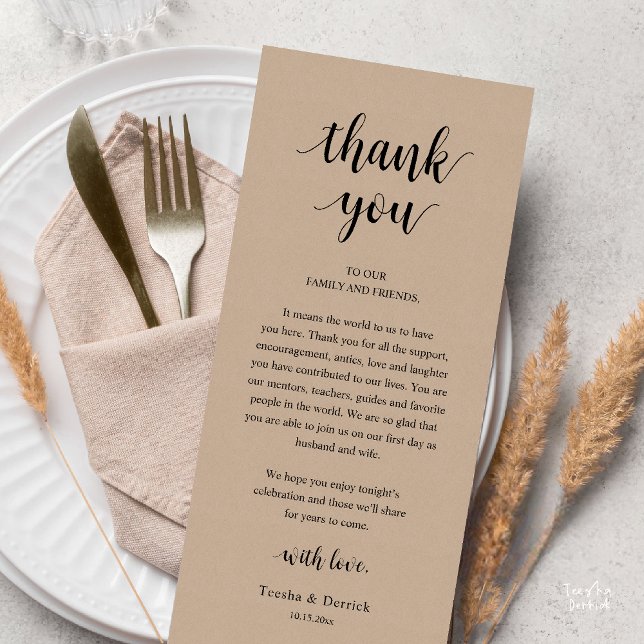 Programa Modern Rustic Wedding Dinner Thank You Card (Modern Rustic Wedding Dinner Thank You Card Reception Lunch Brunch Reception in Brown Kraft)