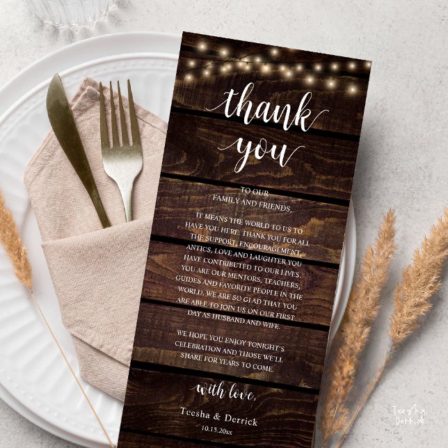 Programa Modern Rustic Wedding Reception Thank You Card (Modern Rustic Wedding Dinner Thank You Card Reception Reception String Lights Dark Brown Wood)