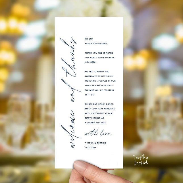Programa Modern Wedding Reception Dinner Thank You Card (Welcome and thanks, Modern Wedding Reception Dinner Thank You card, family friends in navy blue)