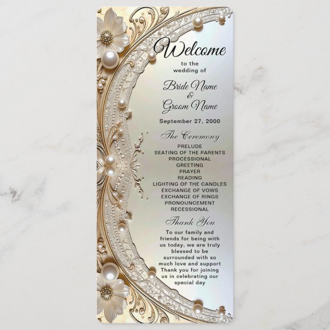 Programa Modern White Flowers Pearls Wedding Program (Frente)