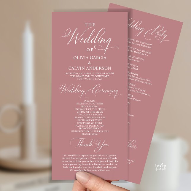 Programa Moderna Ordem de Cerimônia de Casamento Elegante e (Modern Elegant Classy Wedding Ceremony Order Program Card in dusty rose pink)