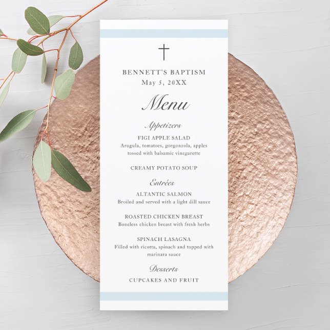 Programa Moderno Batismo de Meninos Azul Elegante (Modern boys baptism menu with script headlines and simple cross.)