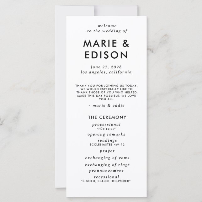 Programa Moderno Minimalista de Casamento Simples (Frente)