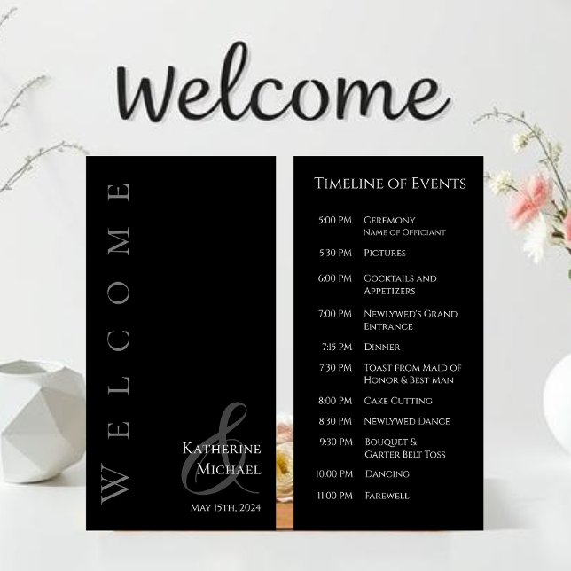 Programa Moderno Simples de Casamento Negro e Bran (Minimalist Modern Black and White Welcome Wedding Program-Timeline of Events)