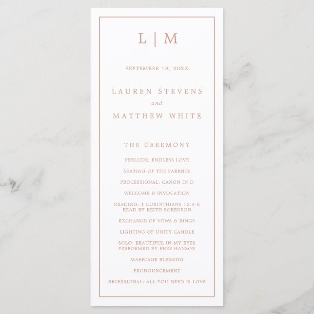 Programa Monograma Simples Rosa Elegante Casamento (Frente)