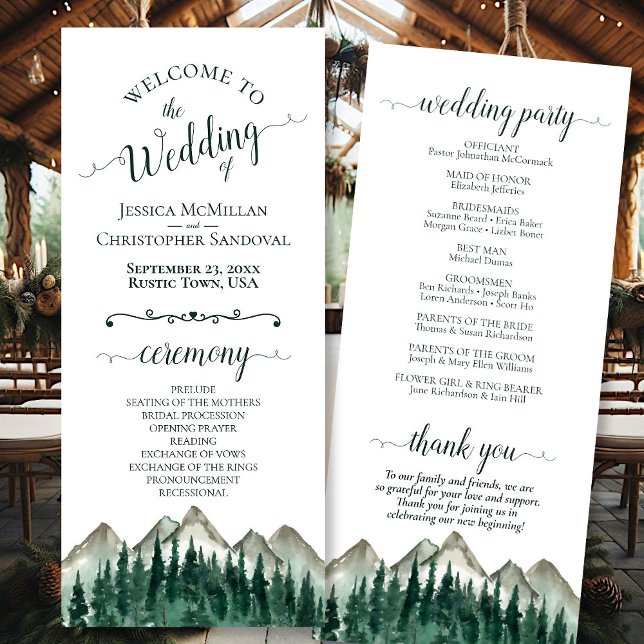 Programa Montanhas Rustic Watercolor & Pine Wedding (Front/Back)