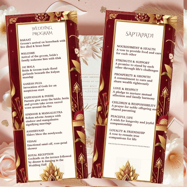 Programa Motivo Floral Dourado Ornamentado Assimétrico Casa (Gold Floral Motif Ornate Asymmetric Indian Wedding Program)