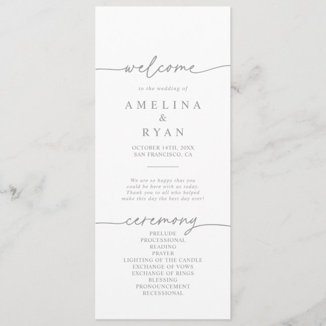 Programa Muted Gray Simple Minimalist Wedding Program (Frente)