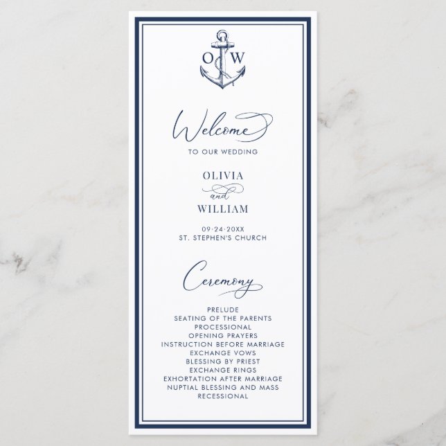 Programa Nautical Anchor Monogram Wedding (Frente)