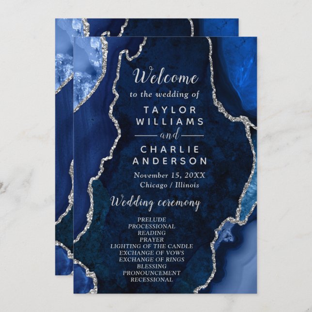 Programa Navy Blue and Silver Agate Wedding Program (Frente/Verso)