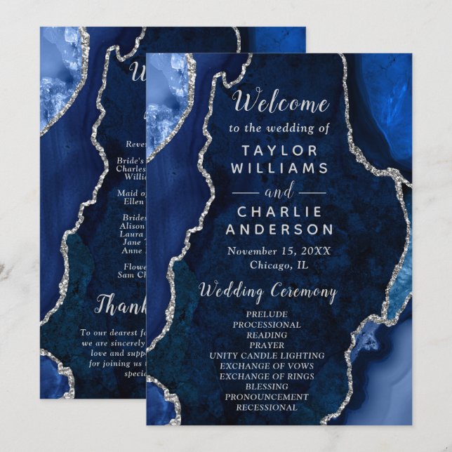 Programa Navy Blue and Silver Agate Wedding Program (Frente/Verso)