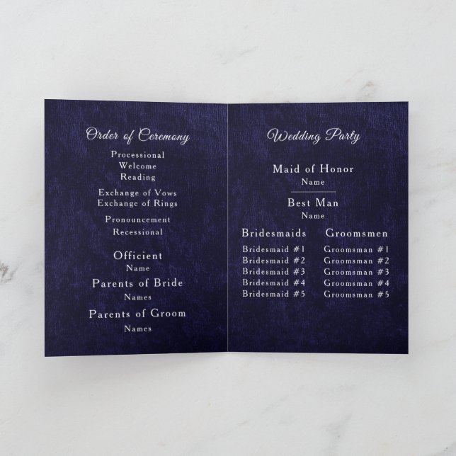 Programa Navy Blue Velvet White Folded Wedding Program (Interior)