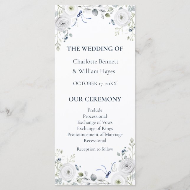 Programa Navy Silver Watercolor Floral Wedding Program (Frente)