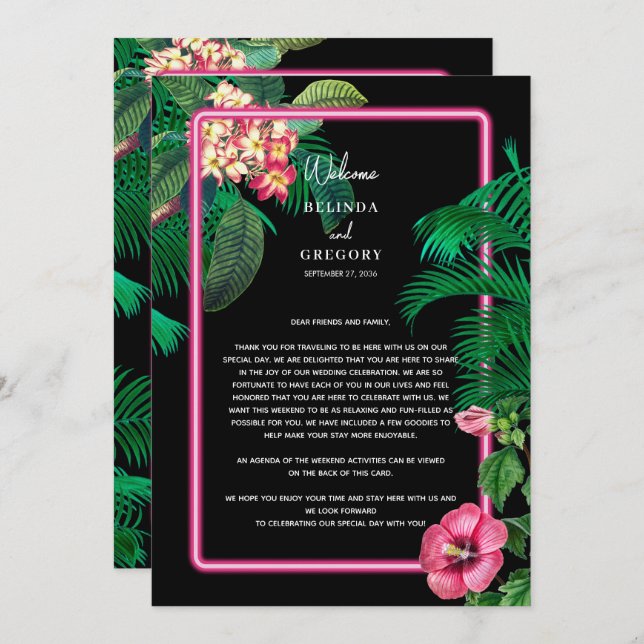 Programa Neon Pink Tropical Retro Casamento Itinerário (Frente/Verso)