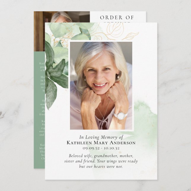 Programa No Loving Memory Greenery Photo Memorial Service (Frente/Verso)