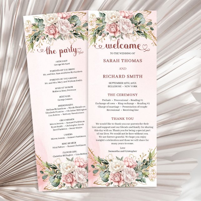 Programa Noiva Flores Rosa Bege Dourado Casamento Romântico (Romantic Blush Pink Floral Greenery Wedding Program)
