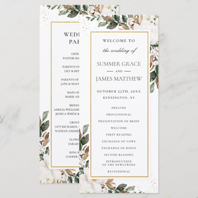 Programa Noivado Elegante Ivory Magnolia Floral Greenery (Frente/Verso)