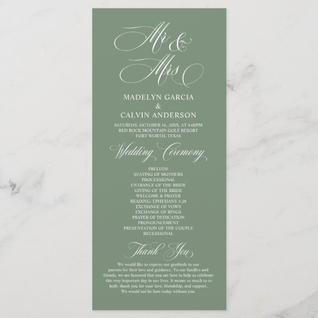 Programa Novo Sr. e Sra. Sage Green, Cerimônia de Casamento (Frente)