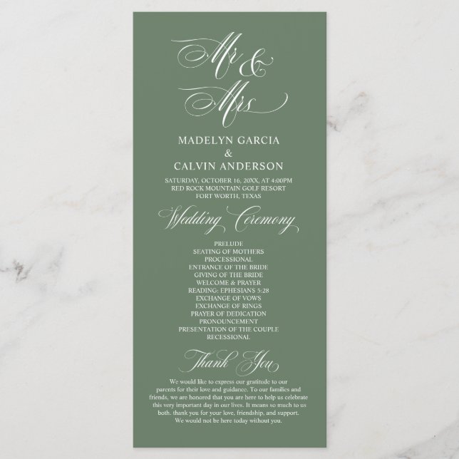Programa Novo Sr. e Sra. Sage Green, Cerimônia de Casamento (Frente)