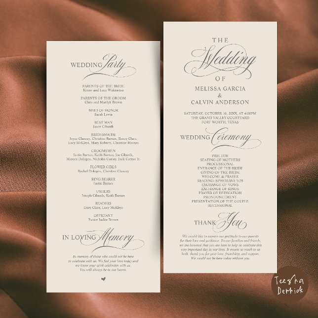 Programa Ordem de Cerimônia de Casamento Clássica e Elegant (Elegant Classy Wedding Ceremony Order Program Card in Cream and Grey)
