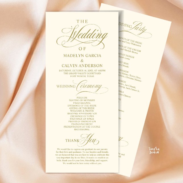 Programa Ordem de Cerimônia de Casamento com Letra Dourada  (Elegant Classy Gold Script Wedding Ceremony Order Program Card in Gold Yellow Cream)